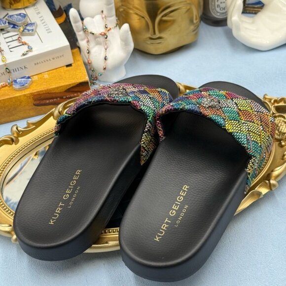 🆕 KURT GEIGER LONDON 🧿 NWOB Meena Eagle Slide, Black Rainbow Weave Sz 39 US8.5 - Picture 11 of 14